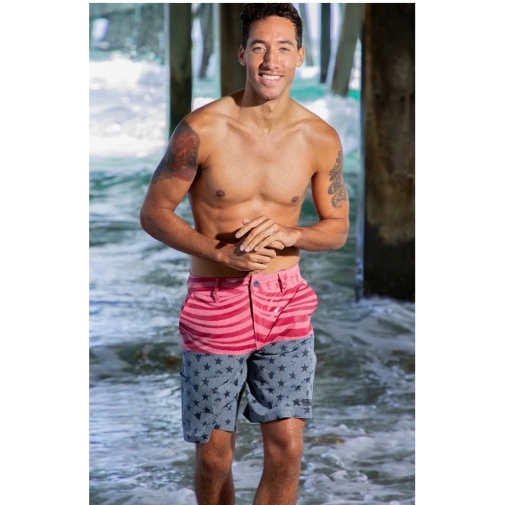 Wave Life Americana H2O Hybrid Board‎ Shorts Men 38 Red Grey Stretch Quick Dry